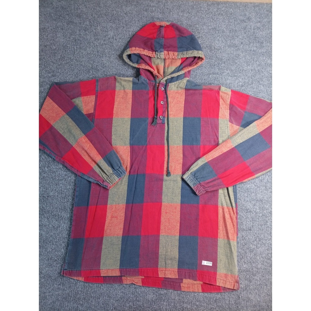 Blazer Baja Hoodie Mens Medium Red Blue Plaid Pullover Hooded Cotton Shirt